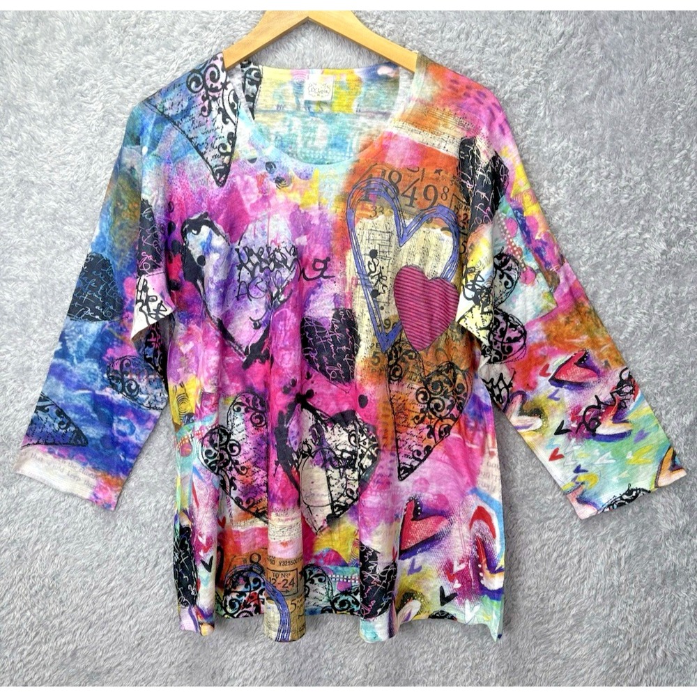 Et Lois Womens XL Tunic Top Colorful Hearts Abstract Artsy 3/4 Sleeve USA